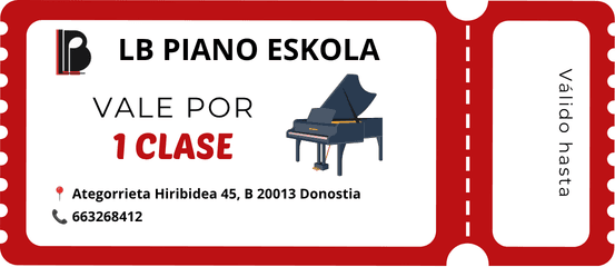 Tarjeta regalo de LB Piano Eskola en castellano, con el texto “Vale por 1 clase” y un espacio para la fecha de validez