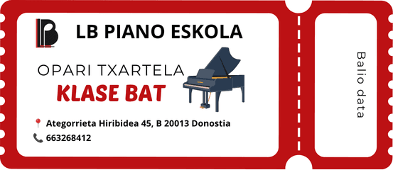 Opari txartela de LB Piano Eskola en euskera, con el texto “Klase bat” y un espacio para la balio data